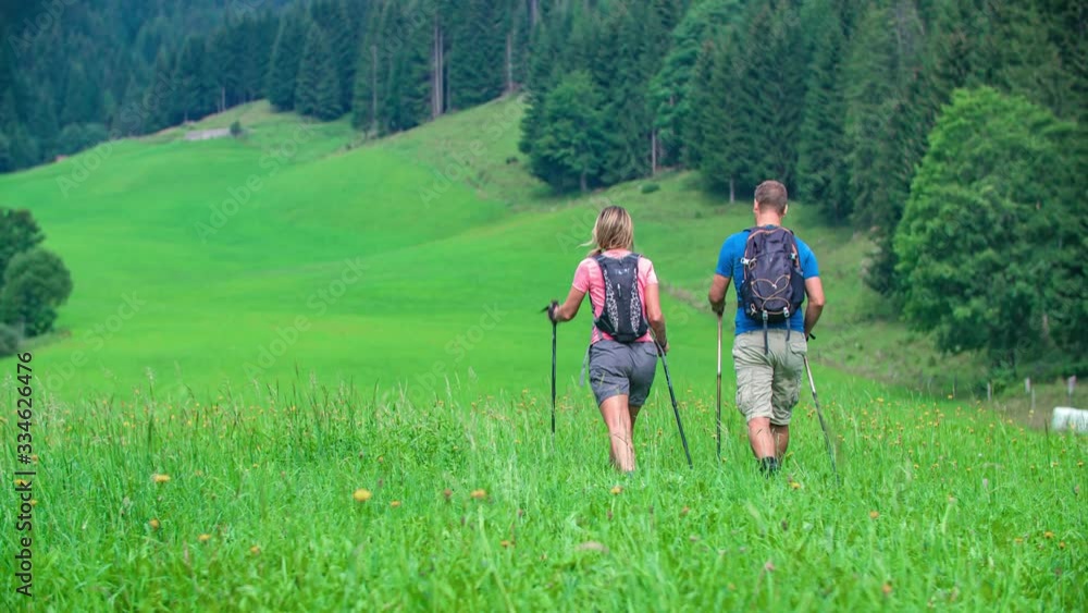 Back view of trekking people using poles and wearing backpacks, walking away towards a green valley surrounded by spruce forest. Back view of trekking people using poles and wearing backpacks, walking away towards a green valley surrounded by spruce forest.