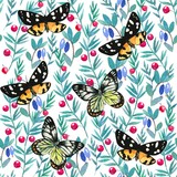 Seamless pattern with watercolor butterflies and wild berries elements. 