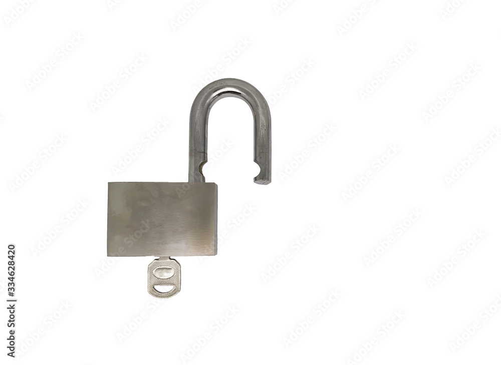 Single metal unlocked padlock with key on white background without shadow Single metal unlocked padlock with key on white background without shadow