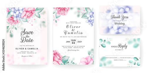 Floral wedding invitation card template set with watercolor floral arrangements and border. Flowers decoration for save the date  greeting  thank you  poster  cover. Botanic illustration vector
