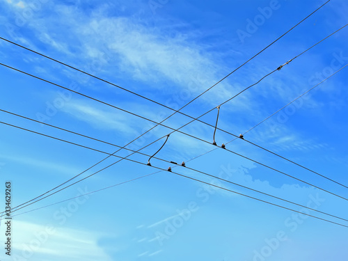electrical powerful high voltage wire cables heap for transport (urban electrical traffic as trolleybus) on blue sky with white clouds