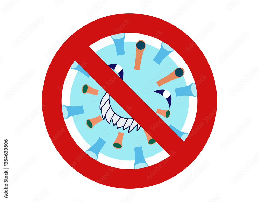 Illustration vector graphic of no bacteria sign with cute cartoon germ in flat style design on white background. Ban microbe and virus microorganism. Stop virus warning sign. vector EPS10. Illustration vector graphic of no bacteria sign with cute cartoon germ in flat style design on white background. Ban microbe and virus microorganism. Stop virus warning sign. vector EPS10.