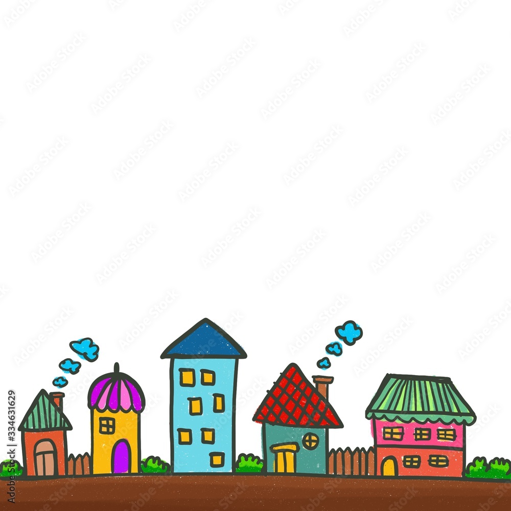 Background image. Hand drawing. The image of the house is bright and colorful. Cartoon Background image. Hand drawing. The image of the house is bright and colorful. Cartoon