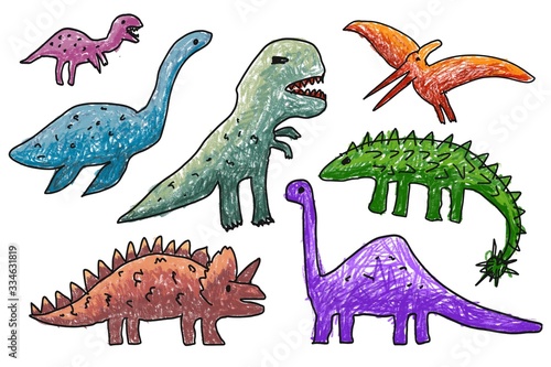 Children painting with a pencil  Draw colorful dinosaurs