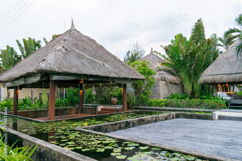 Thatched roof hut and pool with water lilies at hotel in the tropics