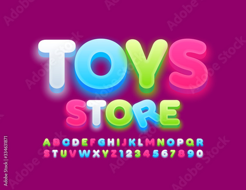 Vector playful sign Toys Store. Colorful glow Font. Bright Alphabet Letters and Numbers