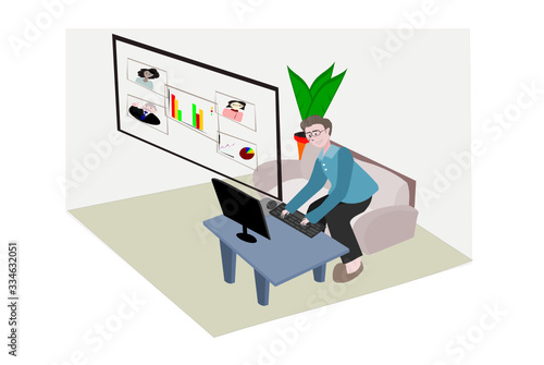 Man working at home and online conference. people using laptop for social distancing . Vector people illustration on isolate white background. Cartoon character person flat design .