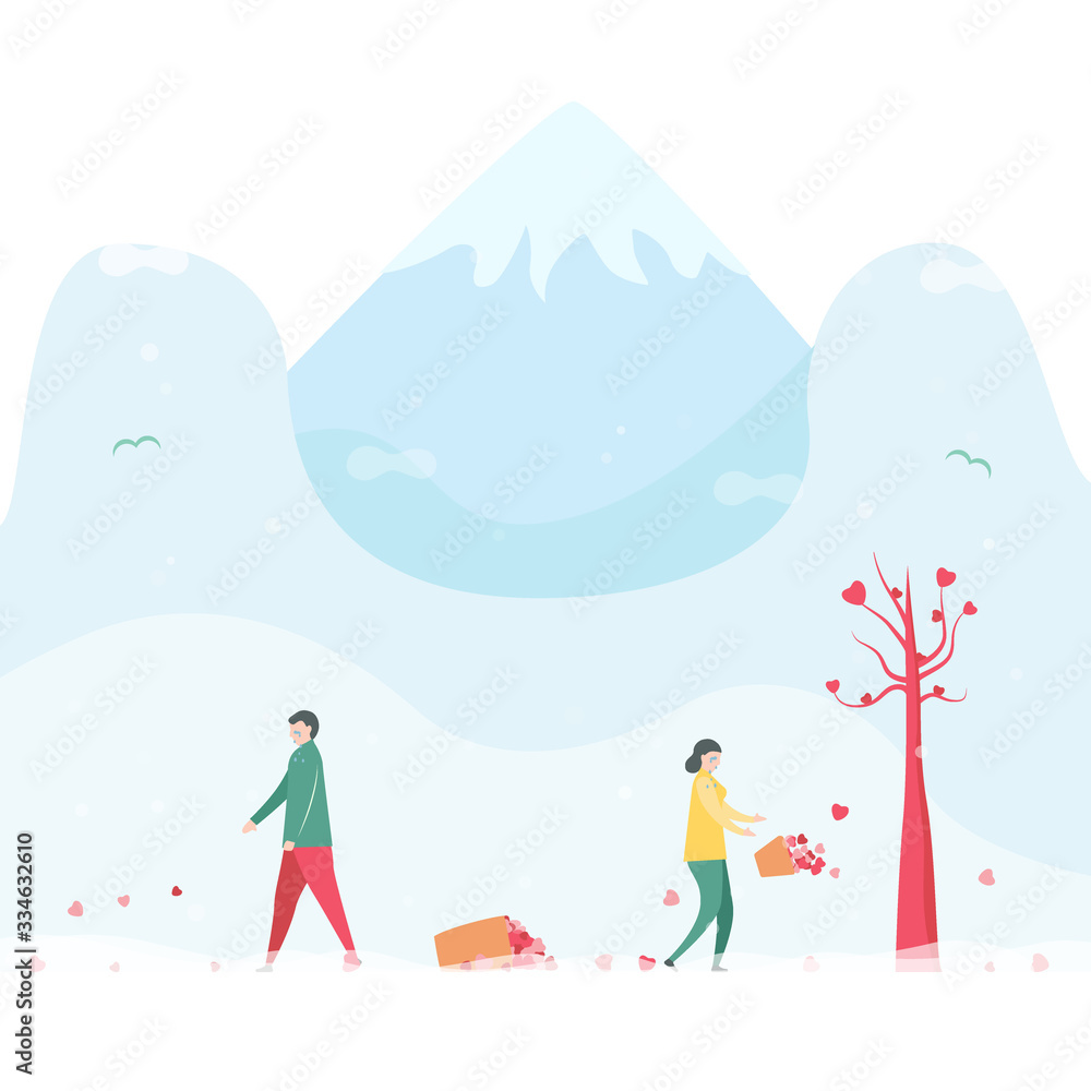 Couple of love is broken heart in winter season. Drop down of hearts on the floor. Vector illustration is in flat style.