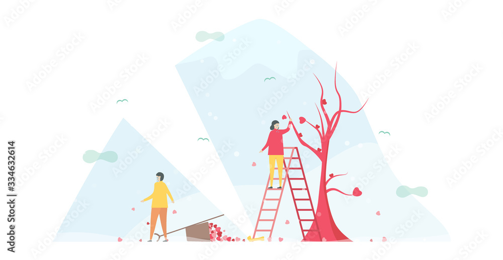 Couple of love is broken heart in winter season. Drop down of hearts on the floor. Vector illustration is in flat style. Couple of love is broken heart in winter season. Drop down of hearts on the floor. Vector illustration is in flat style.