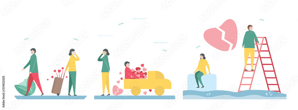 Naklejka premium 3 Set of broken heart of lover. Scene is designed in winter season. Vector illustration in flat style.