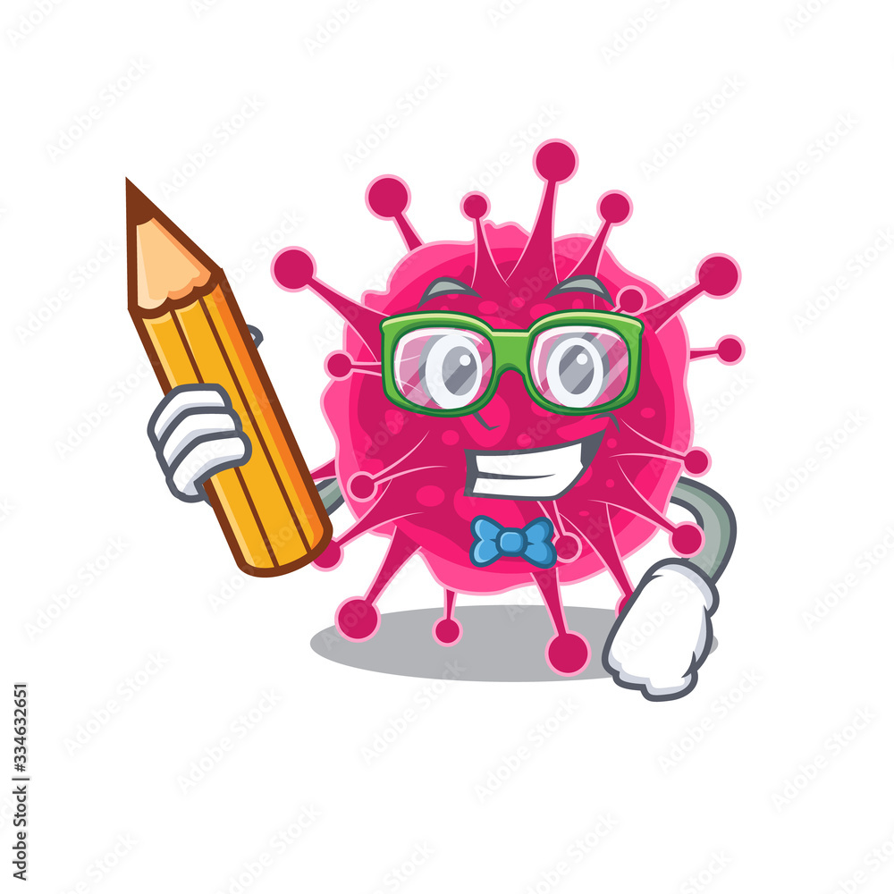 Fototapeta premium A brainy student picornaviridae cartoon character with pencil and glasses