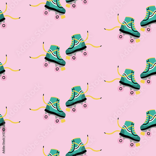 Pink Retro Vintage Roller Skate Seamless repeat pattern with pink background.