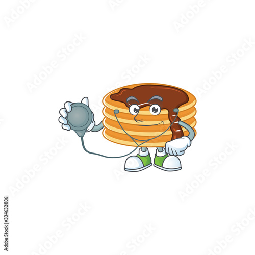 A dedicated Doctor chocolate cream pancake Cartoon character with stethoscope