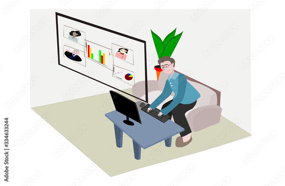 Man working at home and online conference. People using laptop for social distancing . Person illustration on isolate white background. Cartoon character person flat design . Man working at home and online conference. People using laptop for social distancing . Person illustration on isolate white background. Cartoon character person flat design .