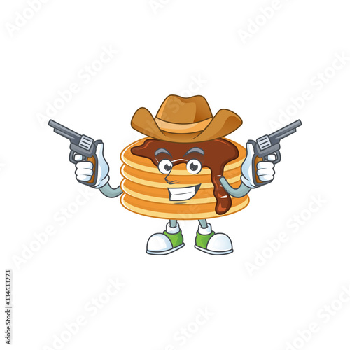 A cowboy cartoon character of chocolate cream pancake holding guns