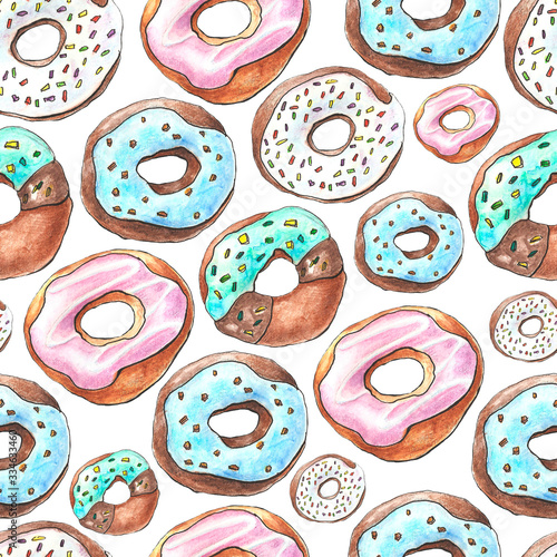 watercolor donuts pattern on white background