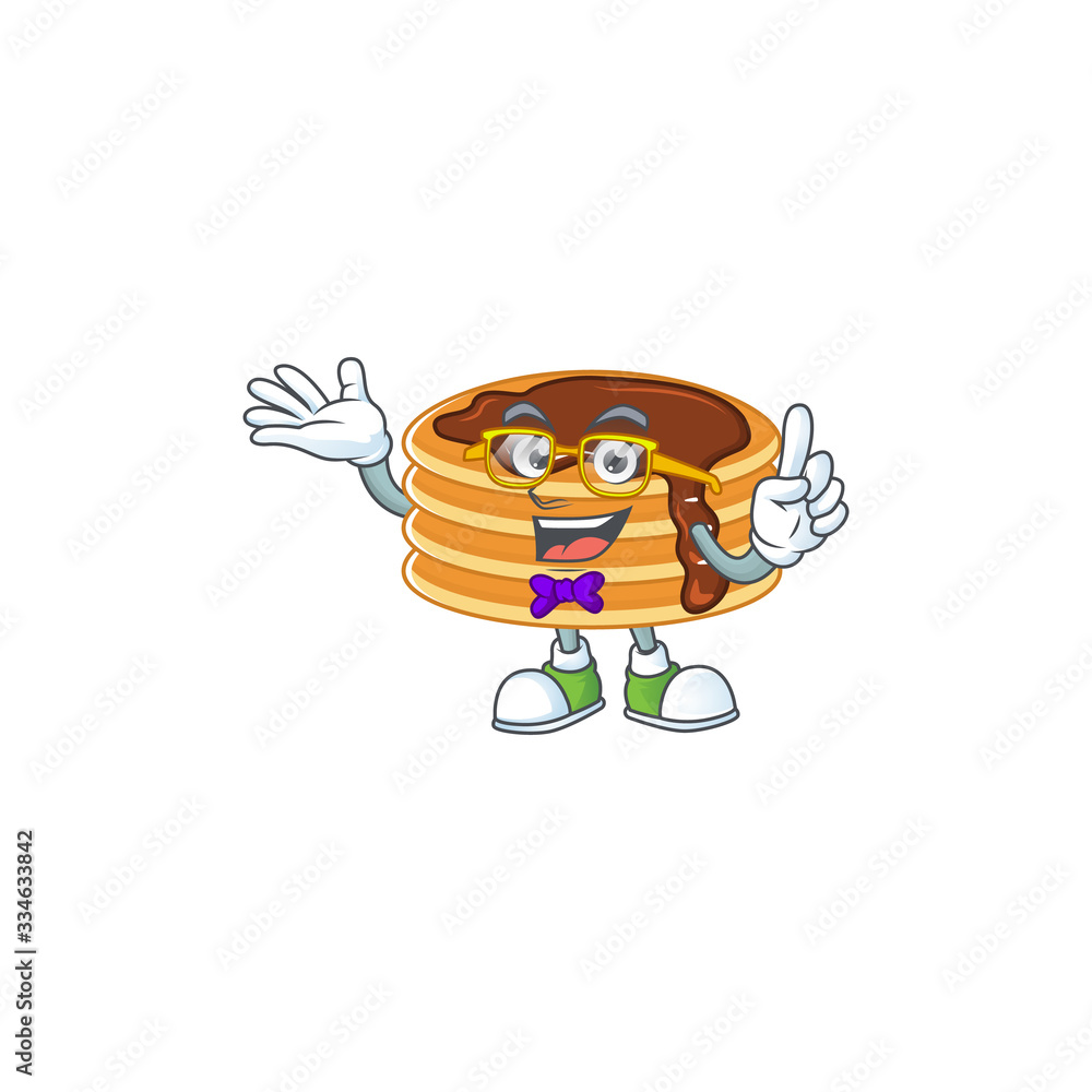 Cartoon character design of Geek chocolate cream pancake wearing weird glasses Cartoon character design of Geek chocolate cream pancake wearing weird glasses
