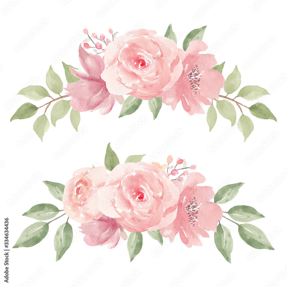 Watercolor illustration of pink rose flower arrangement collection