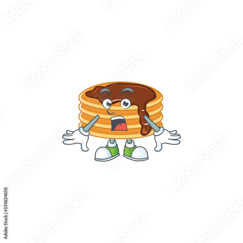 A cartoon design of chocolate cream pancake showing an amazed gesture