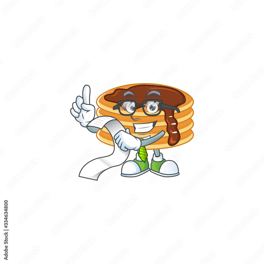 Mascot cartoon concept of chocolate cream pancake with menu list