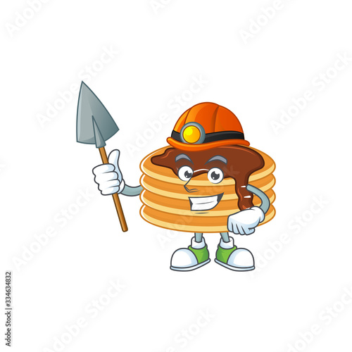 cartoon character design of chocolate cream pancake work as a miner