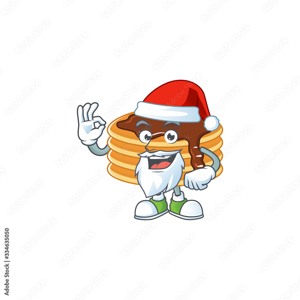 Friendly chocolate cream pancake Santa cartoon character design with ok finger
