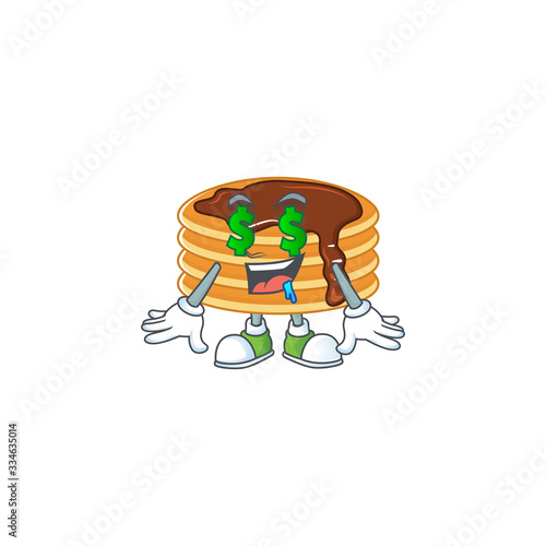 mascot character style of rich chocolate cream pancake with money eyes