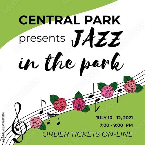 Musical event invitation template. Open air summer concert banner with hand drawn music notes and roses. Jazz party poster or card. Vector