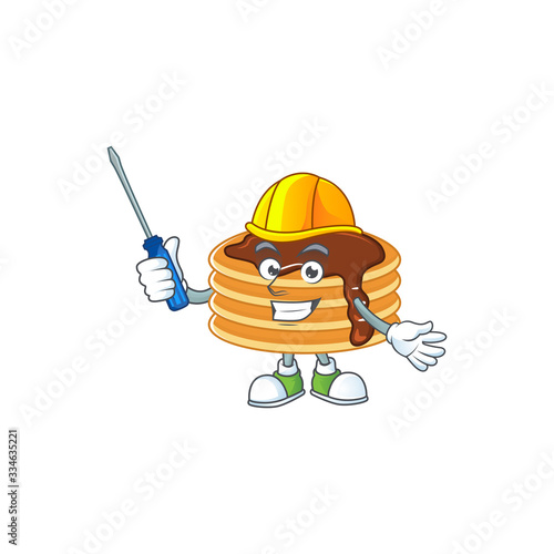 Smart automotive chocolate cream pancake presented in mascot design style