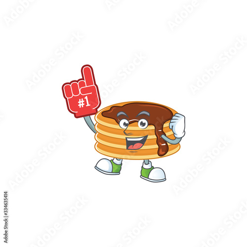 Cartoon character concept of chocolate cream pancake holding red foam finger