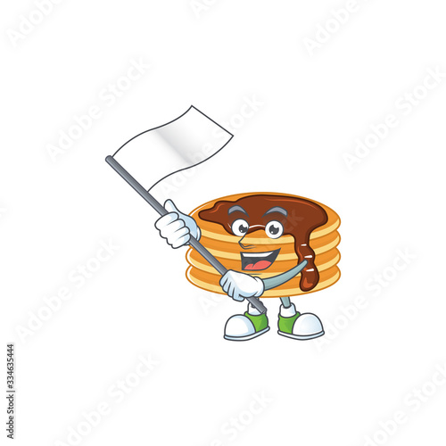 Cute cartoon character of chocolate cream pancake holding white flag