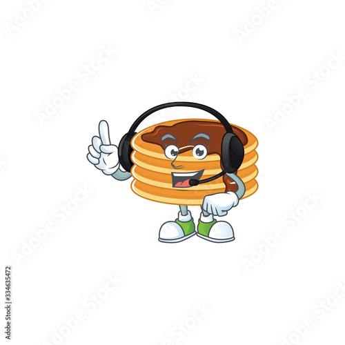 Chocolate cream pancake cartoon character style speaking on headphone