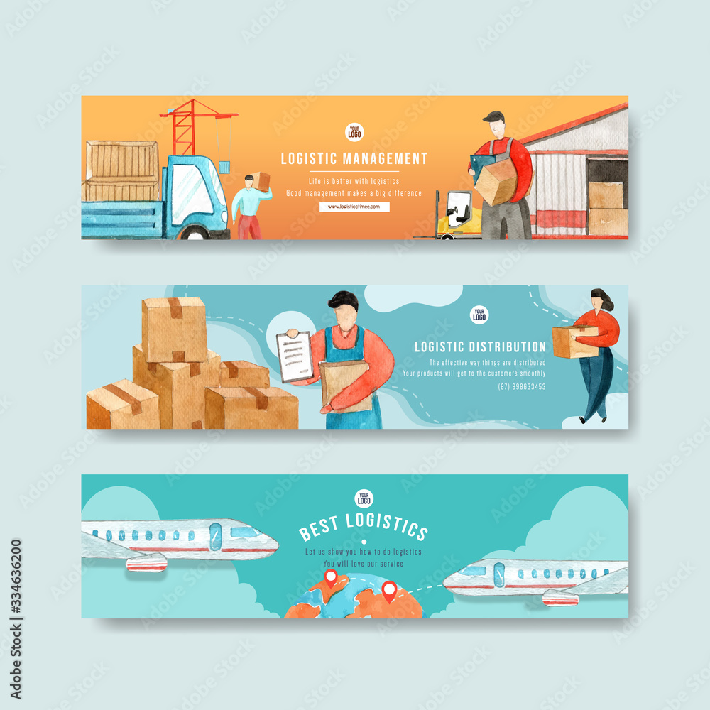 Fototapeta premium Logistics banner design with watercolor painting of truck, box, plane illustration.
