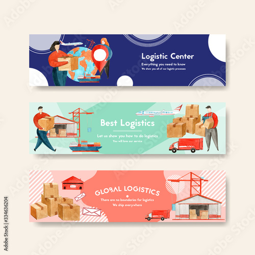Logistics banner design with car, boat, women watercolor illustration.