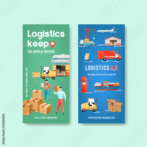 Logistics flyer design with warehouse, car, plane, boat watercolor illustration.
