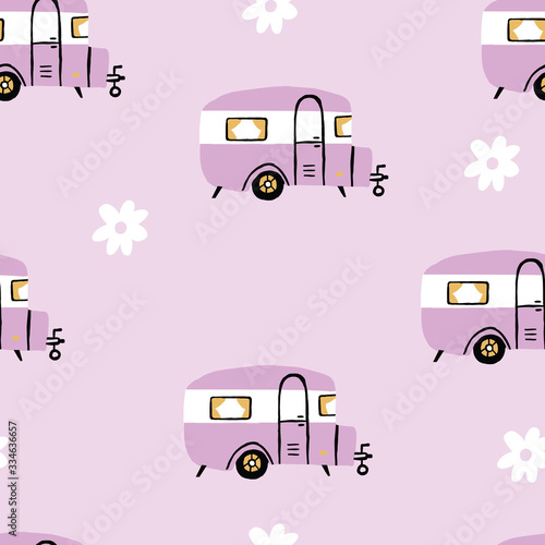Seamless repeat retro camper. Vintage rv seamless pattern with pink background and daisies.
