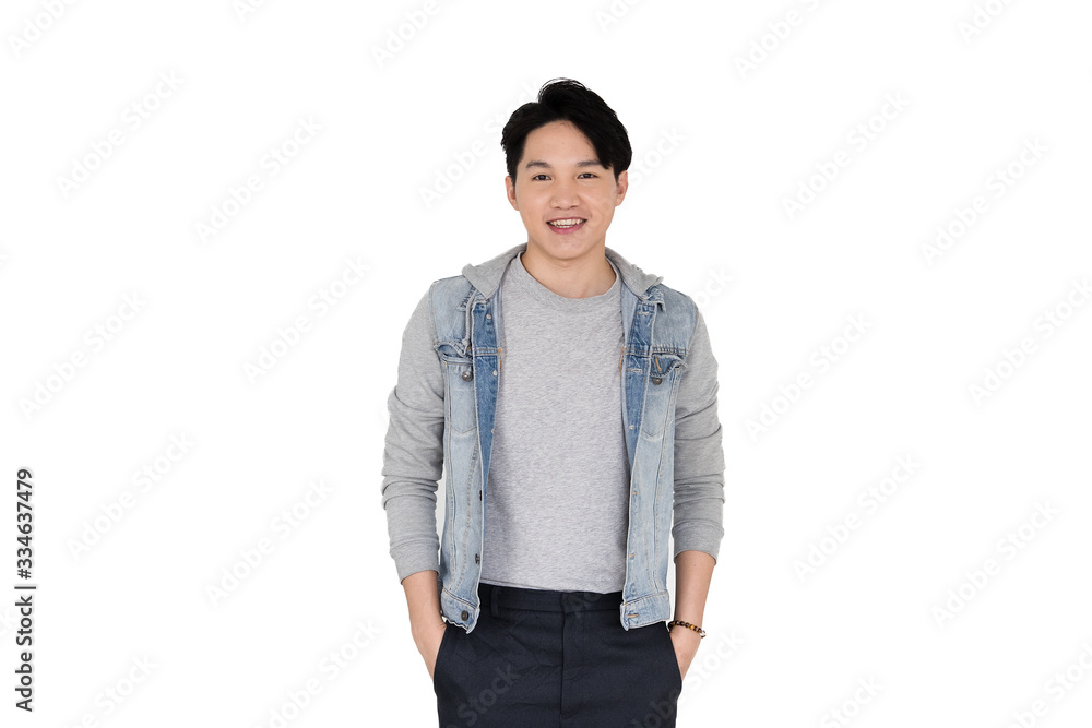Fototapeta premium Young Asian man in jean dress isolated white background