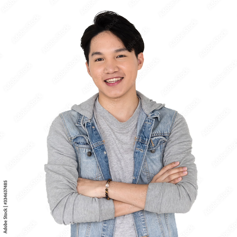 Young Asian man in jean dress isolated white background Young Asian man in jean dress isolated white background