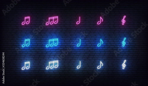 Musical notes neon set. Music notes glowing sign of purple, blue and white colors
