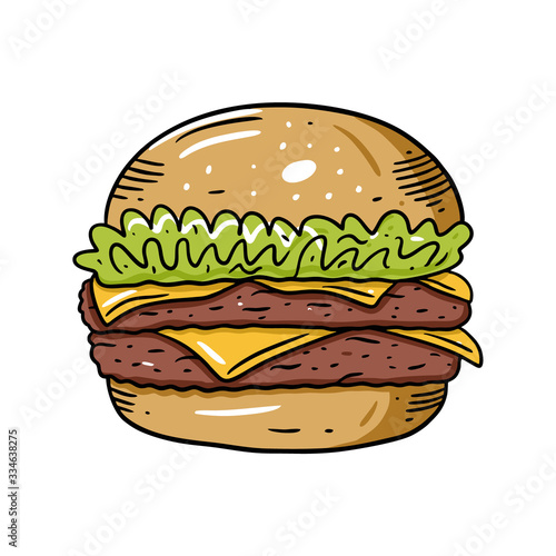 Double cheeseburger. Hand drawn colorful vector illustration in cartoon style. Isolated on white background.