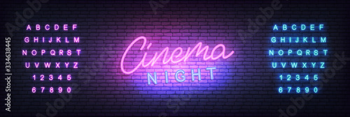 Cinema neon template. Glowing letteing Cinema night label