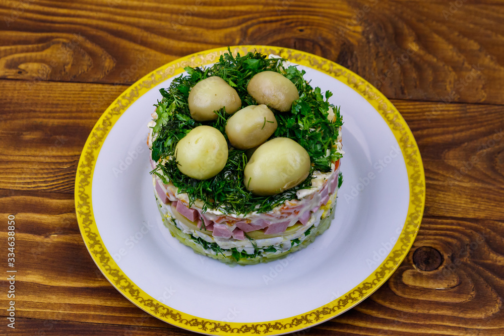 Traditional Russian layered salad Traditional Russian layered salad