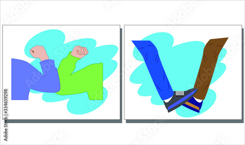 Flat design illustration of alternative new greeting to avoid corona virus.  Image of foot tap and elbow bumping.  Alternative during Corona virus epidemic.