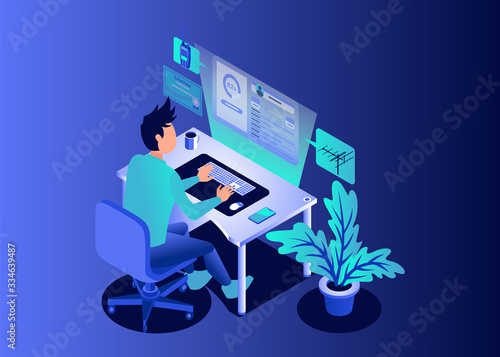 Isometric Vector Illustration Representing A Man is Monitoring An Amateur Radio Transmission Profile from Floating Computer Screen