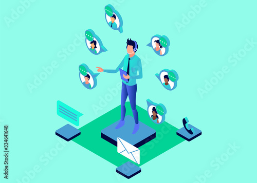Isometric Vector Illustration Representing Customer Care Serving Customers with telephone and Multiple Media Using Headphone