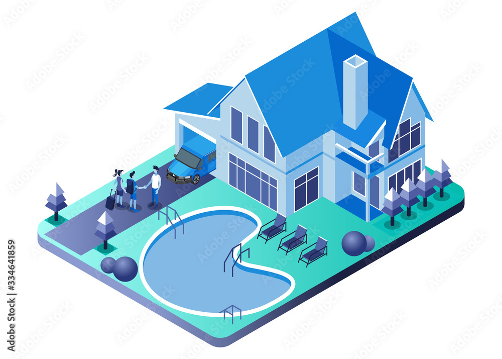 Isometric Vector Illustration Representing Villa, Home Stay and Swimming Pool with the Host Shaking Hands with Guests