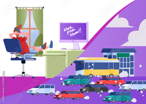 Flat Vector Illustration Representing A Boy is Working from Home to Avoid Pollution and Corona Virus