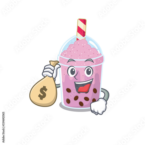 Rich taro bubble tea cartoon design holds money bags