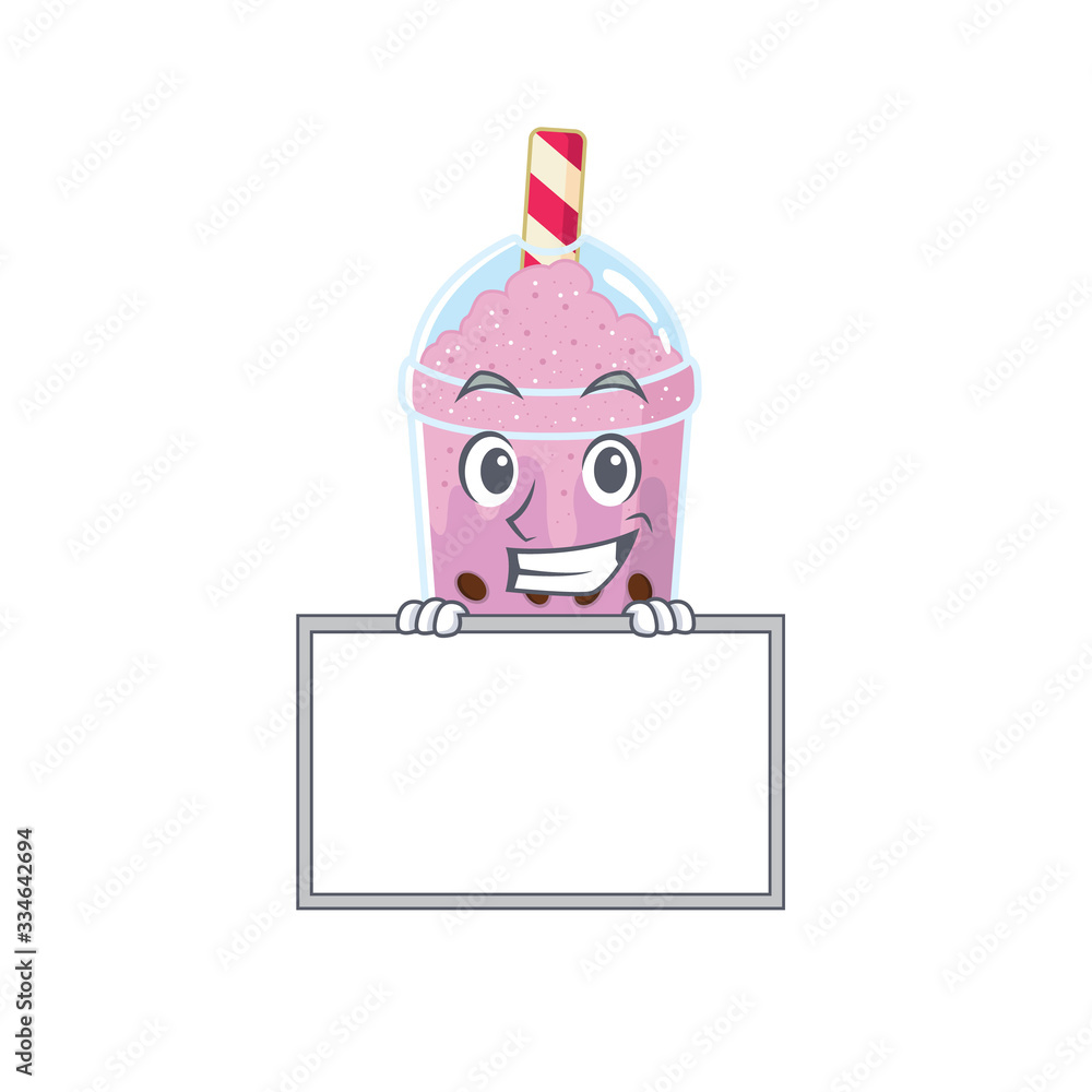 Smiling taro bubble tea cartoon design style has a board Smiling taro bubble tea cartoon design style has a board