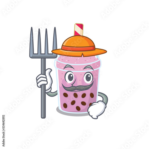 Cartoon character design of taro bubble tea as a Farmer with hat and pitchfork